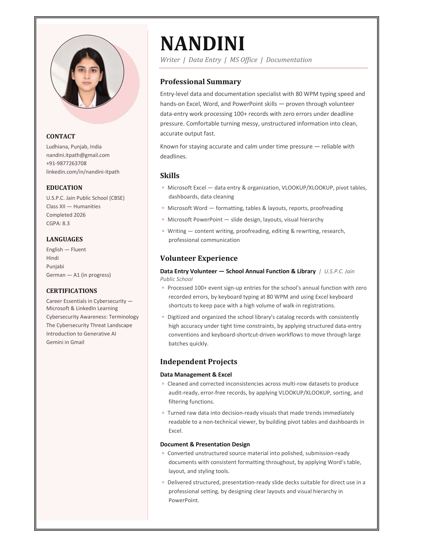 Preview of Nandini's CV document designed in Microsoft Word