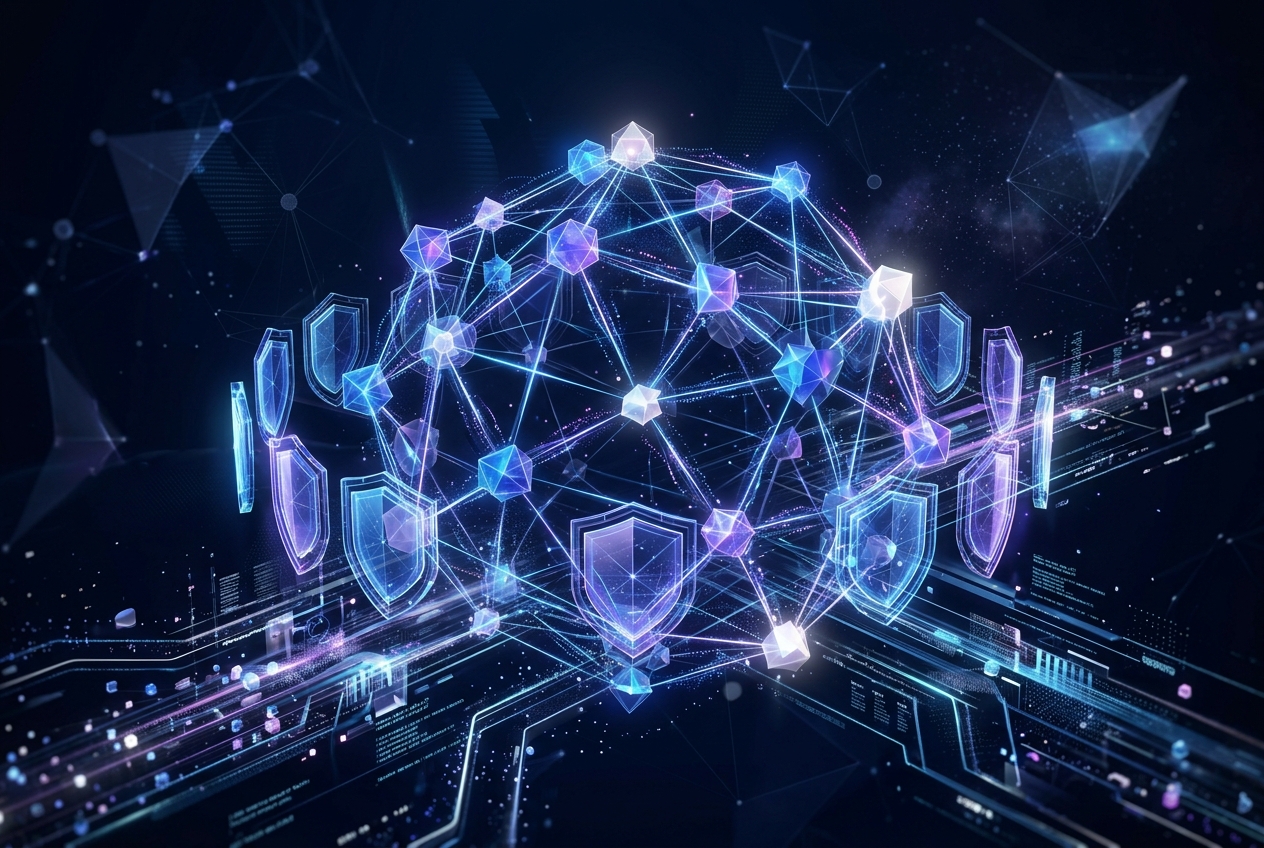 Abstract AI neural network with cybersecurity shield elements
