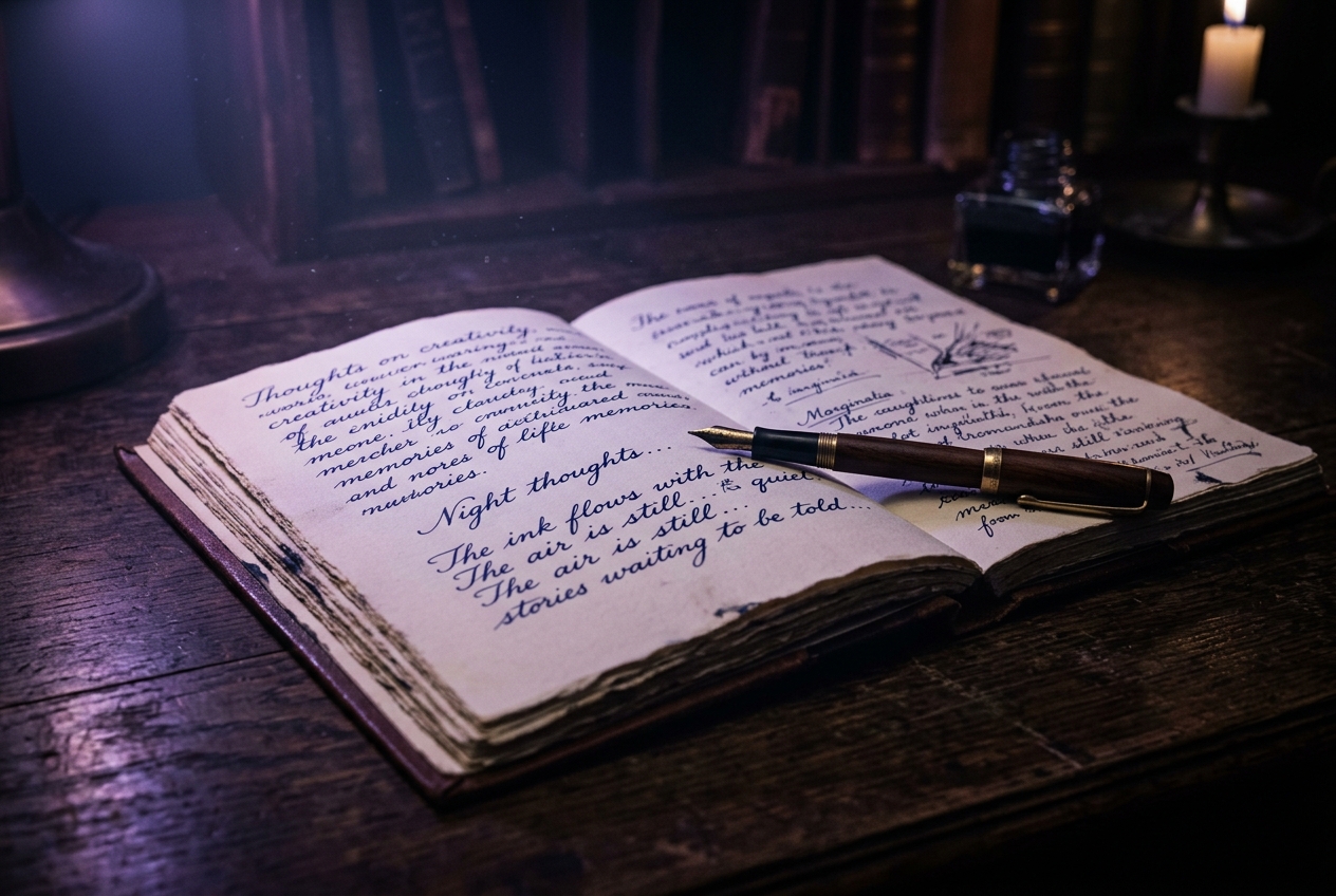 Cinematic notebook with handwritten pages and fountain pen